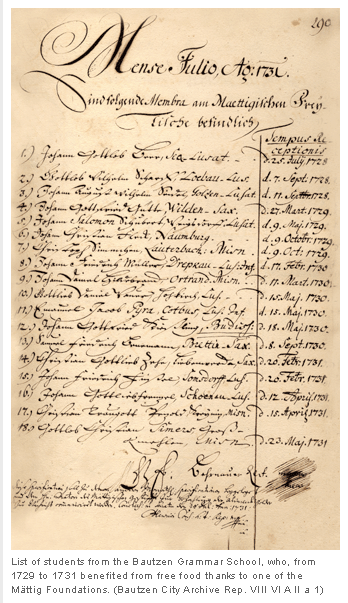 List of students from the Bautzen Grammar School, who, from 1729 to 1731 benefited from free food thanks to one of the M�ttig Foundations. (Bautzen City Archive Rep. VIII VI A II a 1)